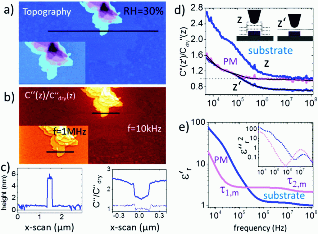 Fig. 2 from “Nanoscale dipole dynamics of protein membranes studied by broadband dielectric microscopy” by Gramse et al.: image a) shows the AFM topography and image b) shows the corresponding C′′(z)/C′′dry(z) image obtained in lift mode at z = 10 nm above the last scan line and at a frequency of ω = 10 kHz (inset at 1 MHz). The corresponding topography and C′′(z)/C′′dry(z) profile lines are shown in image c). Solid lines correspond to profile lines at 10 kHz and the dashed line to 1 MHz. Image d) shows the normalized dielectric spectra on the substrate and protein membrane at constant height z′ = 15 nm and lift mode z = 15 nm. Black solid lines represent fitting with eqn (1) and (2). image e) shows the resulting complex dielectric functions ε′r(f) and ε′′r(f)2 (using the relation ε′′r(f) = −(π/2∂)ε′r/∂ln(2πf)38). All measurements are carried out at 25 °C using conductive and wear-resistant Platinum Silicide AFM probes (PtSi-FM ) from NANOSENSORS (Germany). Humidity was changed and left to stabilize for 2–3 hours. Imaging conditions were adjusted to maintain the lift distance for the dielectric images identical.