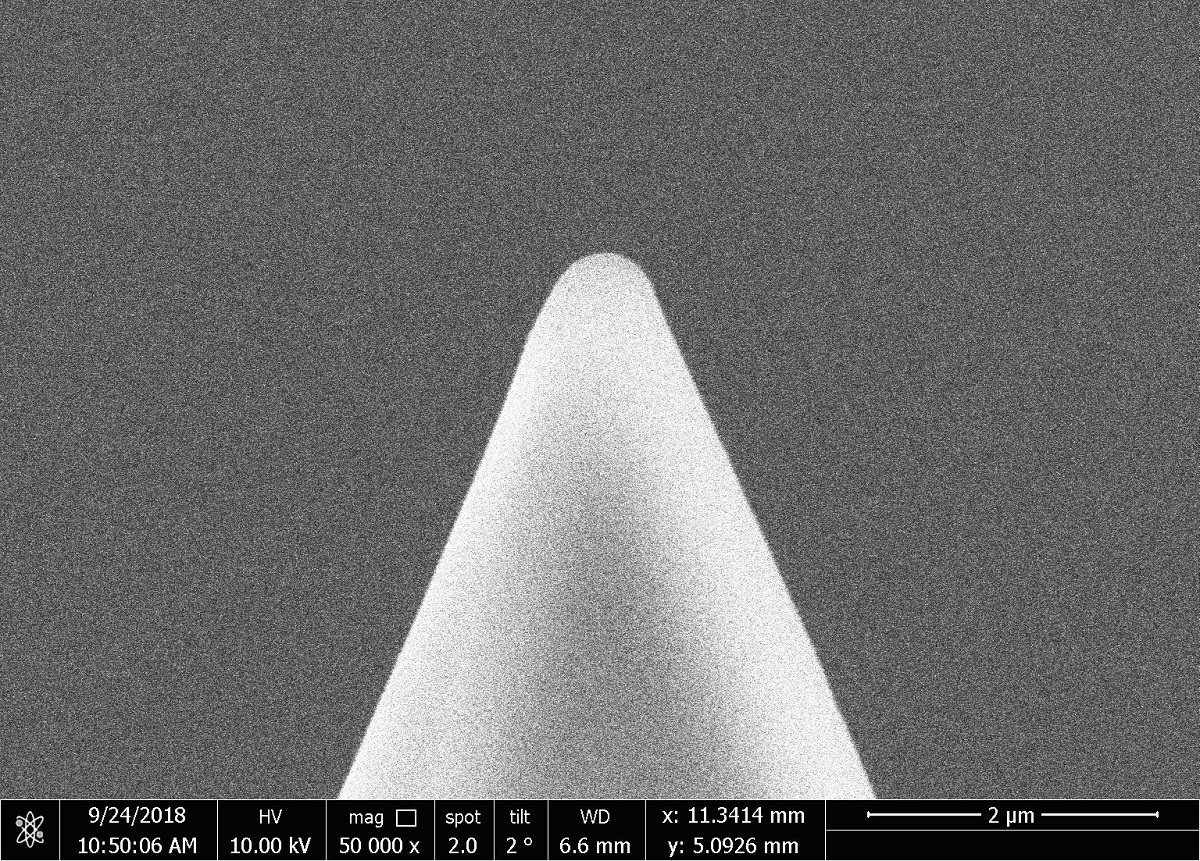 SEM image of a NANOSENSORS sphere tip ( SD-Sphere-NCH-S ). NANOSENSORS Sphere tips are available in three different sizes: small ( typical diameter 0.8μm ), medium ( typical diameter 2.0μm ) and large ( typical diameter 4.0μm )