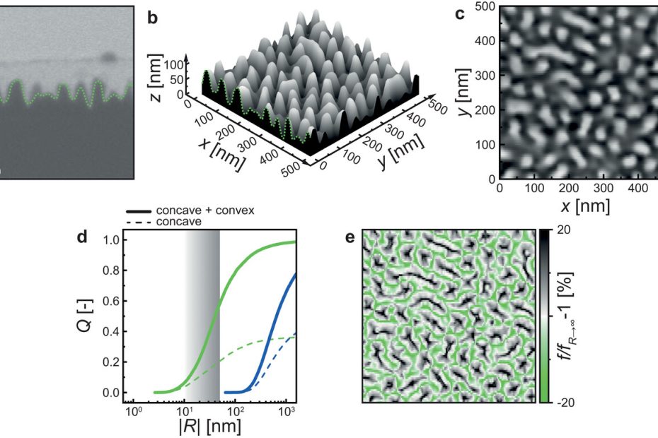 Representative AFM images of engineered nanoscale surface topographies investigated in the study. The images show well-defined nanostructures with different surface geometries that were used to examine calcium carbonate nucleation.