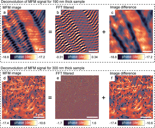 Figure 1 Coexistence of several domain sub-systems. a,d) MFM images obtained from CrBr3 crystals with thicknesses of 190 nm (a) and 300 nm (d), demonstrating complex patterns consisting of multiple systems of domains. Image (a) was deconvoluted into figures (b) and (c), and (d) into (e) and (f) using FFT filtering to highlight several overlaying domain patterns. The similarity index for domain sub-groups (b) and (c) is ξ = 0.26, and for (e) and (f) is ξ = 0.13. The sample-tip distance was 50 nm for (a) and 100 nm for (d).