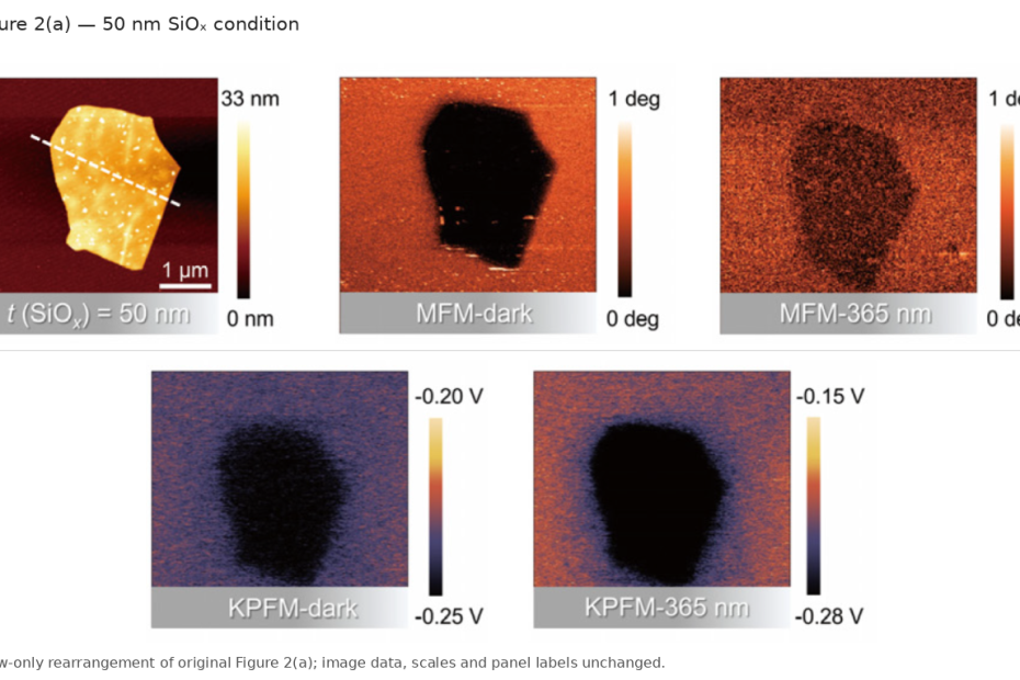 Five-panel arrangement of AFM topography, MFM and KPFM measurements of Fe₃GeTe₂ nanosheets on 50 nm SiOₓ, comparing dark conditions and UV illumination.